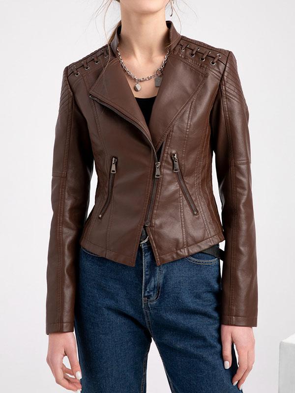 Long Sleeves Split-Joint Zipper Mock Neck PU Jackets Outerwear Product Image