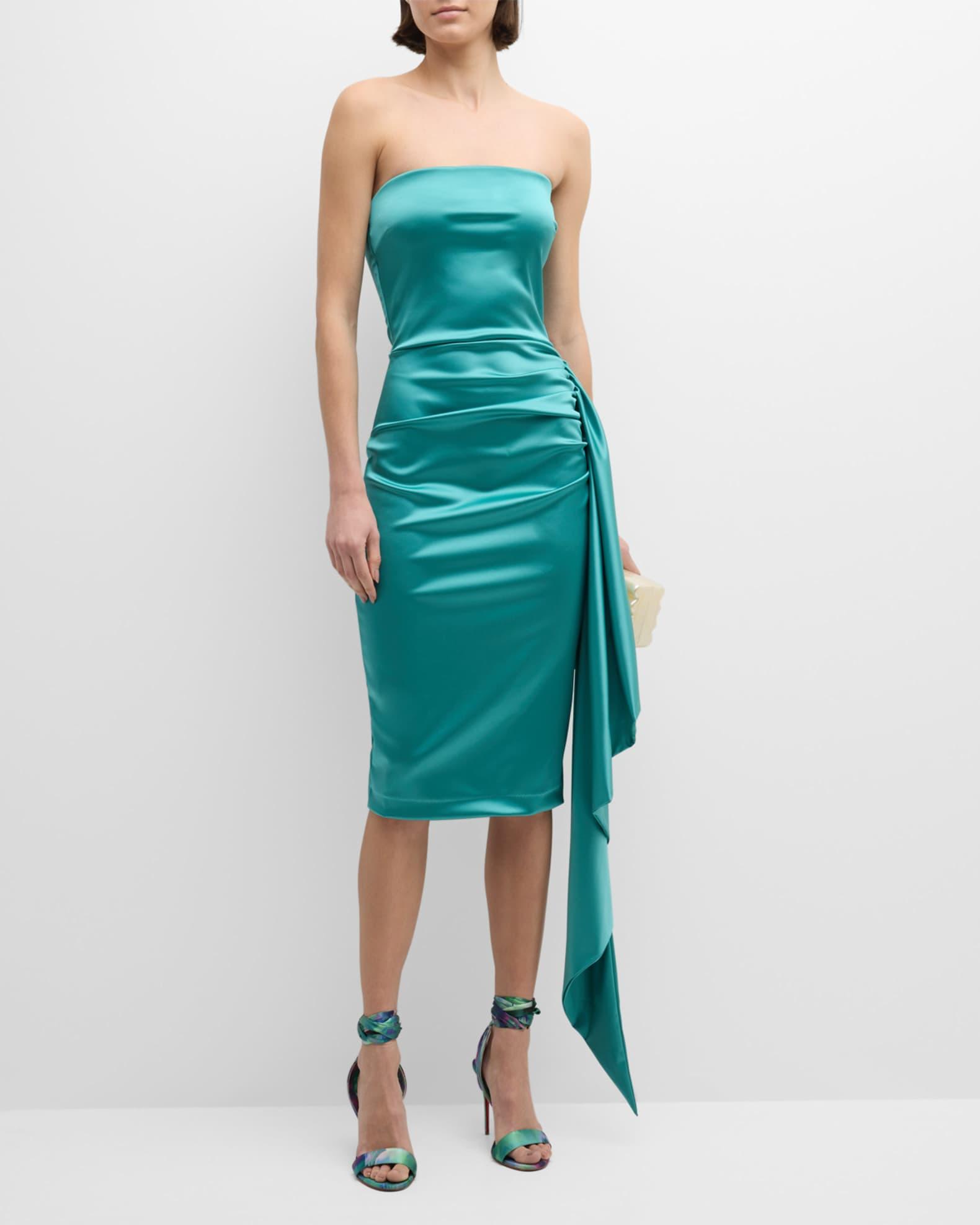 Strapless Draped Bodycon Satin Midi Dress Product Image