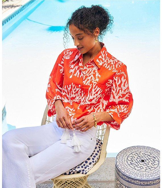 Karen Kane Coral Reef Print Spread Collar 3/4 Blouson Sleeve Tassel-Tie-Waist Button-Front Top Product Image