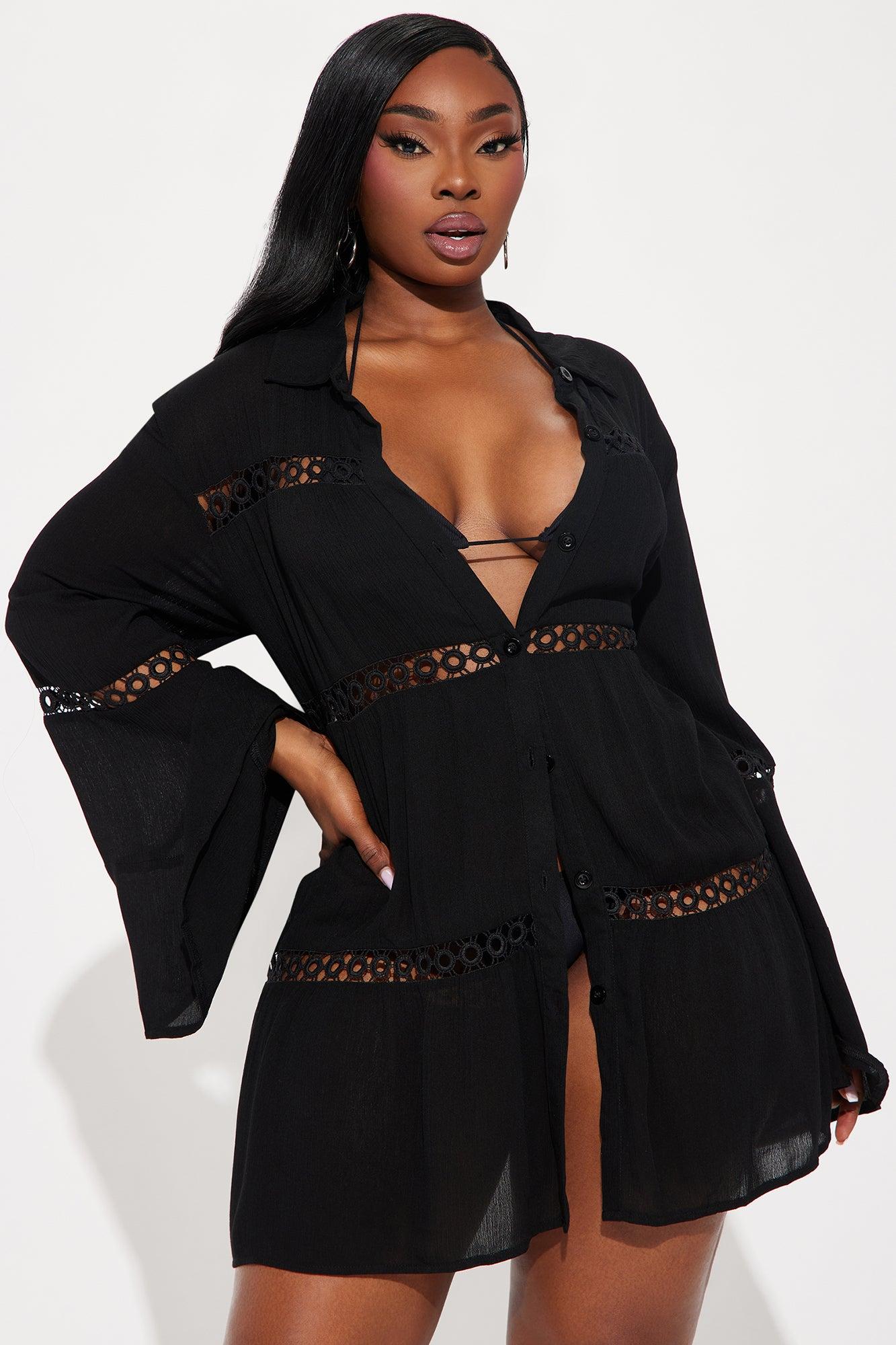 Breezy Paradise Linen Circle Cover Up Shirt Dress - Black Product Image