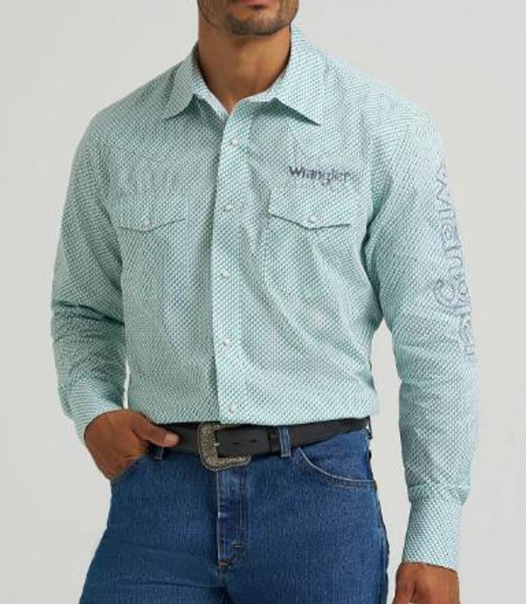 Wrangler® Men's L/S White/Green Logo Snap Shirt Product Image