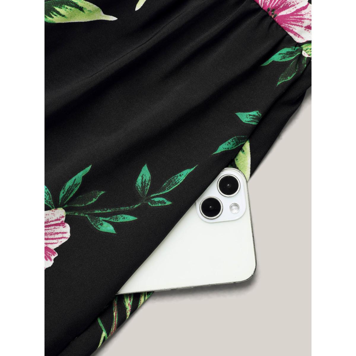 Plus Size Floral Print Flared Sleeve Spliced Midi Dress Black Women Elegant See through Round Neck Short sleeve Curvy BloomChic 14-16/1X Product Image