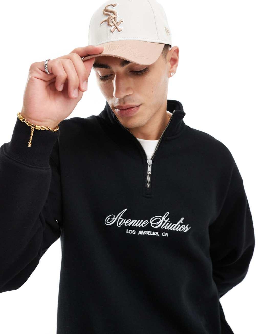 Cotton On graphic detail quarter zip sweatshirt in black Product Image
