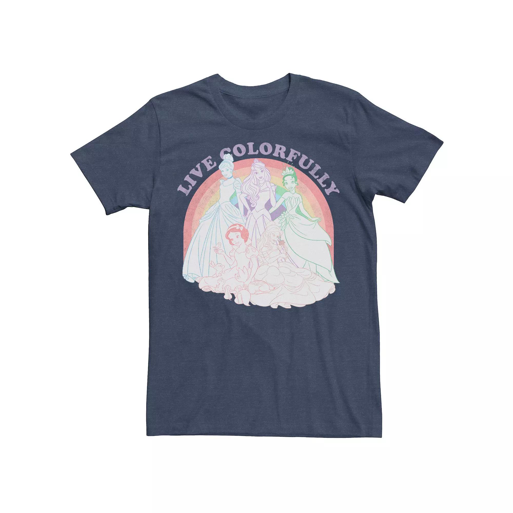 Disney Princess Cinderella, Aurora, Tiana, Snow White & Belle Live Colorfully Portrait Men's Graphic Tee, Size: Small, Navy Grey Product Image