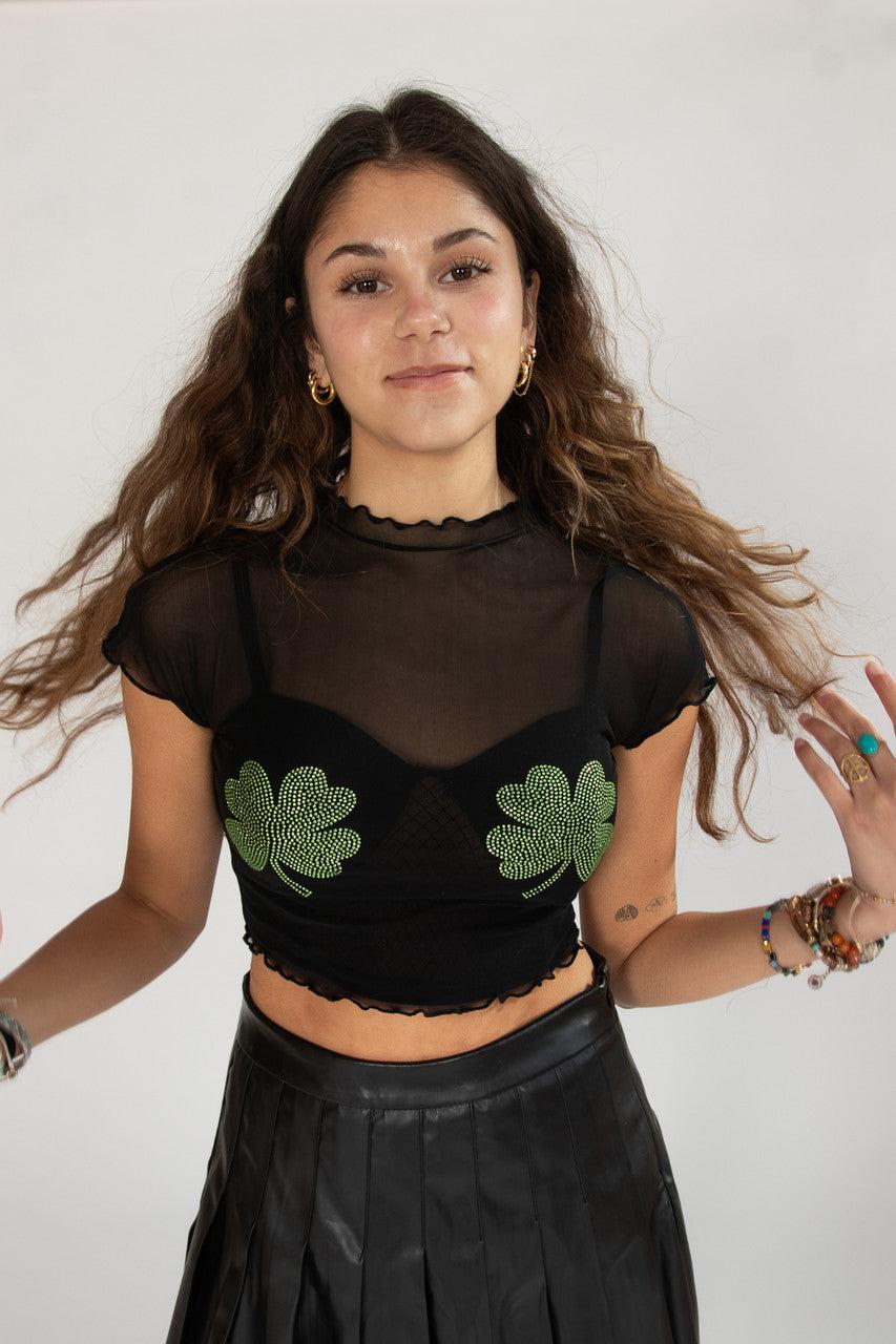 Rhinestone Shamrock Mesh Tee Product Image