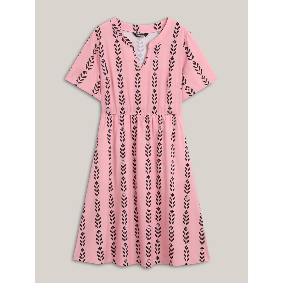 Plus Size Boho Striped Split Neck Midi Dress Blush Women Resort Non Flat collar with V-notch Short sleeve Curvy BloomChic 30/6X Product Image