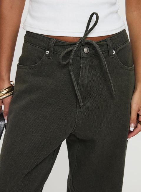 Bruiser Tie Waist Mid Rise Wide Leg Jeans Green Product Image