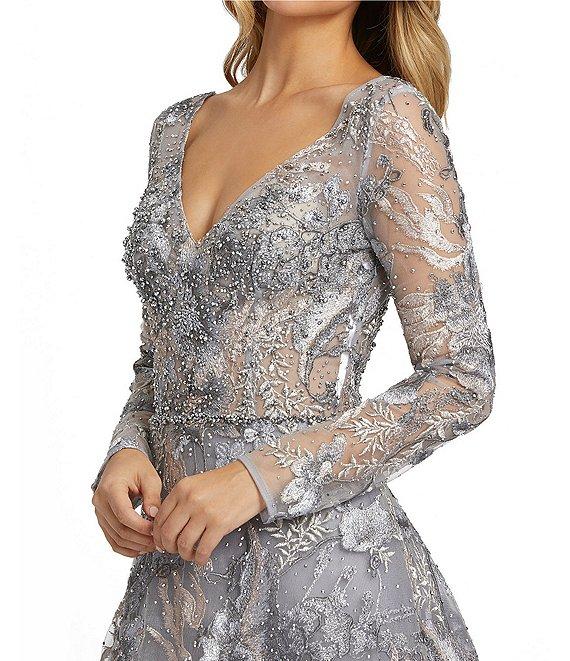 Mac Duggal Beaded Sheer Long Sleeve V-Neck Illusion Ball Gown Product Image