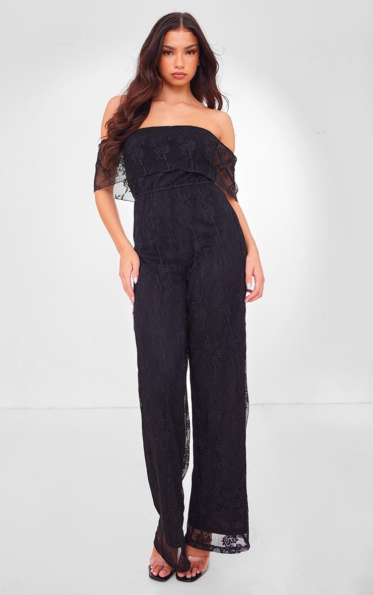 Black Shimmer Floral Lace Bardot Jumpsuit Product Image