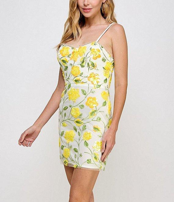 Morgan & Co. Sleeveless Sequin Mesh Corset Slim Floral Printed Short Dress Product Image