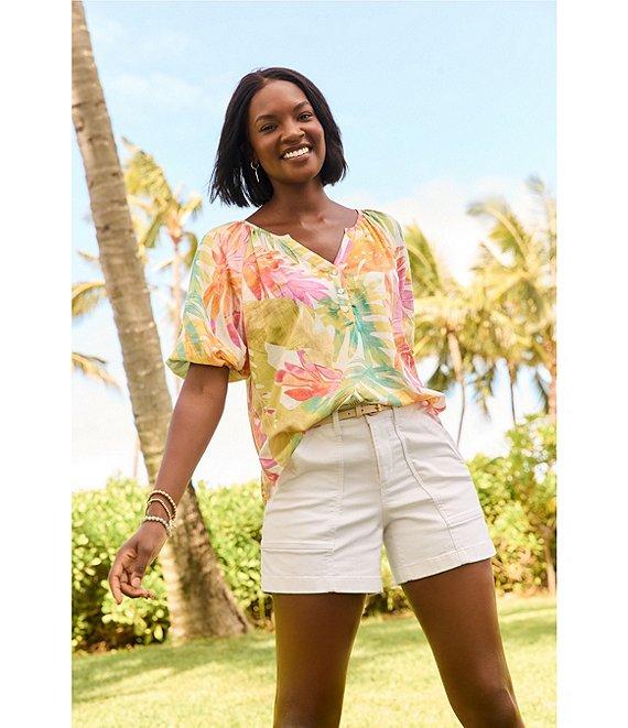 Tommy Bahama Tropicana Isle Printed Woven Split V-Neck Short Puff Sleeves Top Product Image