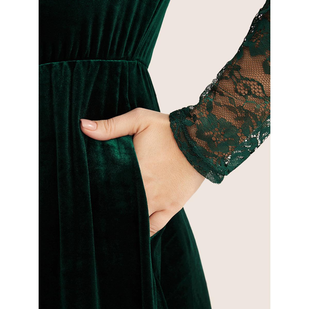 Plus Size Solid Contrast Lace Pocket Round Neck Velvet Dress DarkGreen Women Glamour Lace Round Neck Long Sleeve Curvy Midi Dress BloomChic 18-20/2X Product Image
