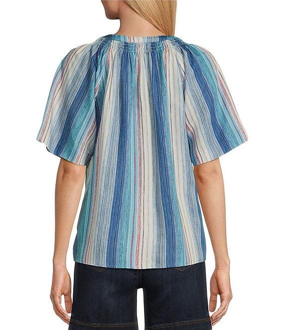 Westbound Stripe Woven Short Sleeve Y-Neck Button Front Top Product Image