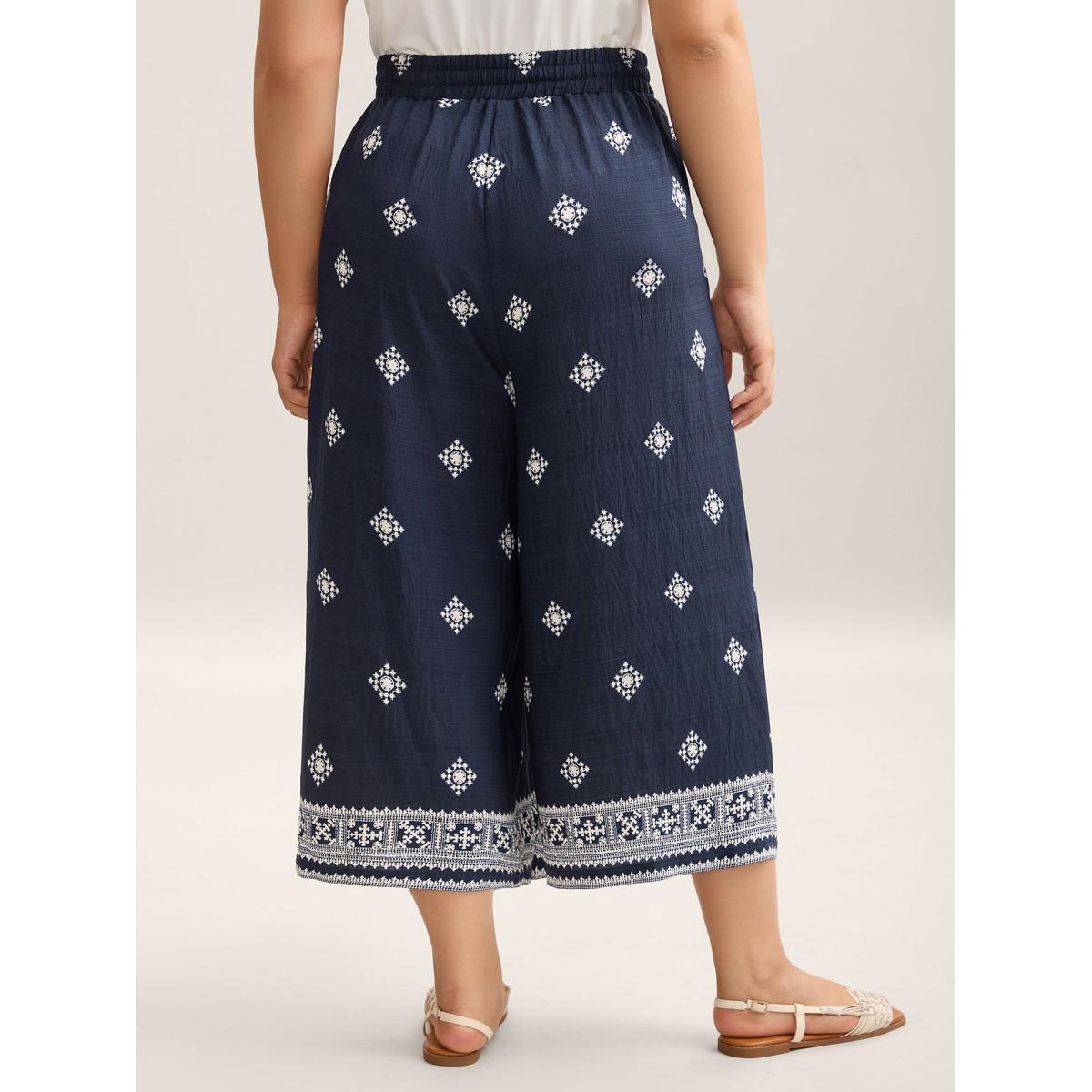 Plus Size Geometric Print Tied Wide-Leg Pants Women Indigo Boho Wide Leg Mid Rise Vacation Pants BloomChic 18-20/2X Product Image