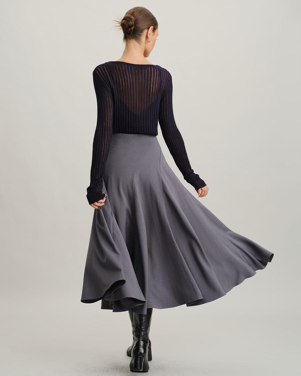 Grey High Waisted Pleated Midi Skirt Product Image