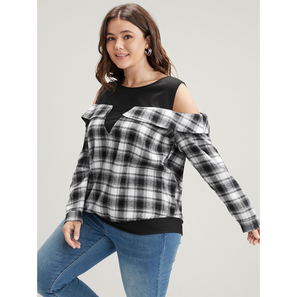 Plus Size Plaid Patchwork Cold Shoulder Sweatshirt Women Black Elegant Patchwork Cold Shoulder Dailywear Sweatshirts BloomChic 18-20/2X Product Image