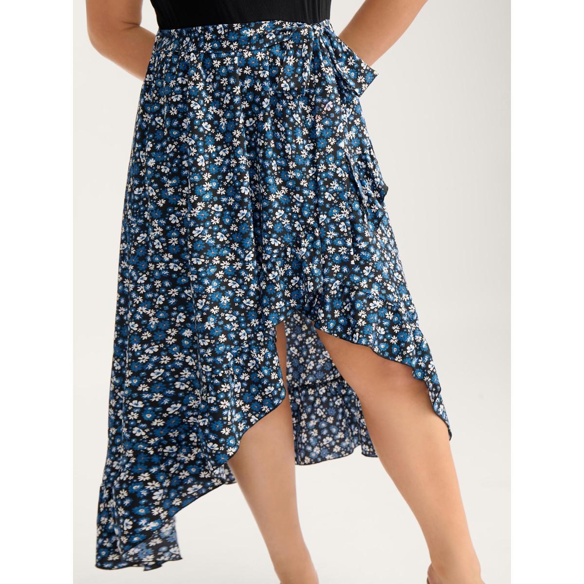 Plus Size Floral Asymmetrical Hem Bow-Tie Midi Dress BlackFlower Women Timeless Texture Round Neck Sleeveless Curvy BloomChic 10/M Product Image