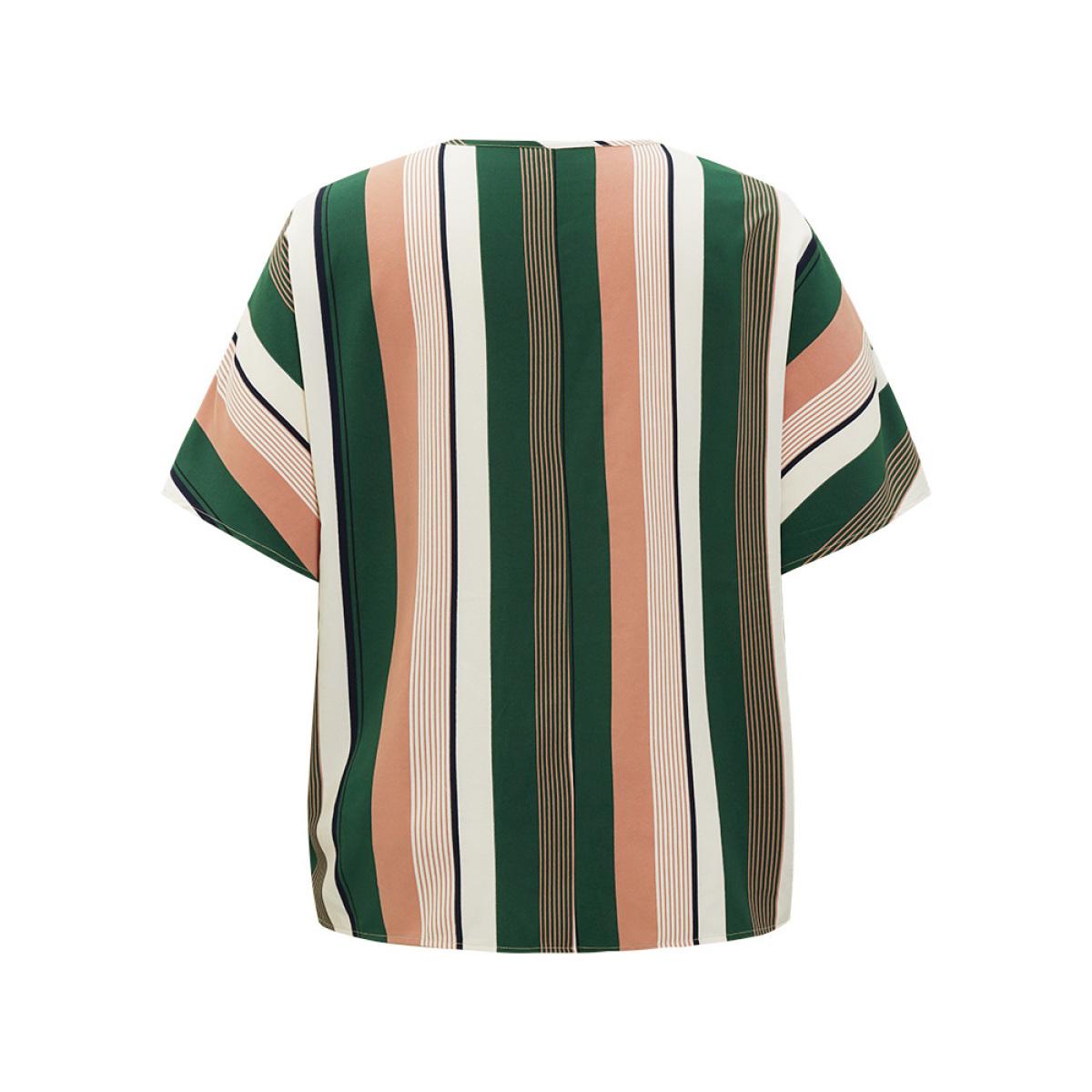 Plus Size Multicolor Striped Print Button Detail Batwing Sleeve Blouse Women Vacation Half Sleeve V-neck Dailywear Blouses BloomChic 10/M Product Image