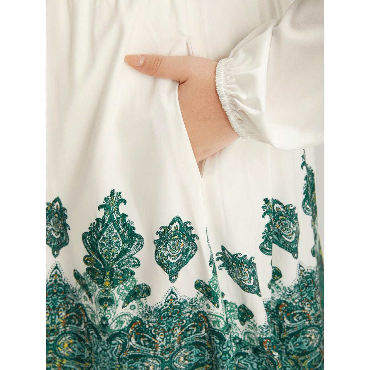 Plus Size Bandana Print Tie Neck Lantern Sleeve Dress Green Women Vacation Elastic cuffs Notched collar Long Sleeve Curvy Midi Dress BloomChic 30/6X Product Image