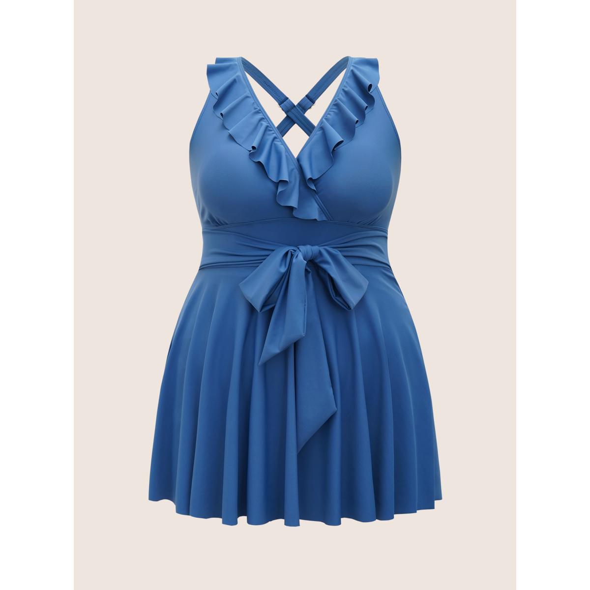 Plus Size Solid Ruffle Trim Tie Knot Swim Dress Women's Swimwear Cerulean Beach Bodycon V-neck High stretch Curve Swim Dresses BloomChic 30/6X Product Image