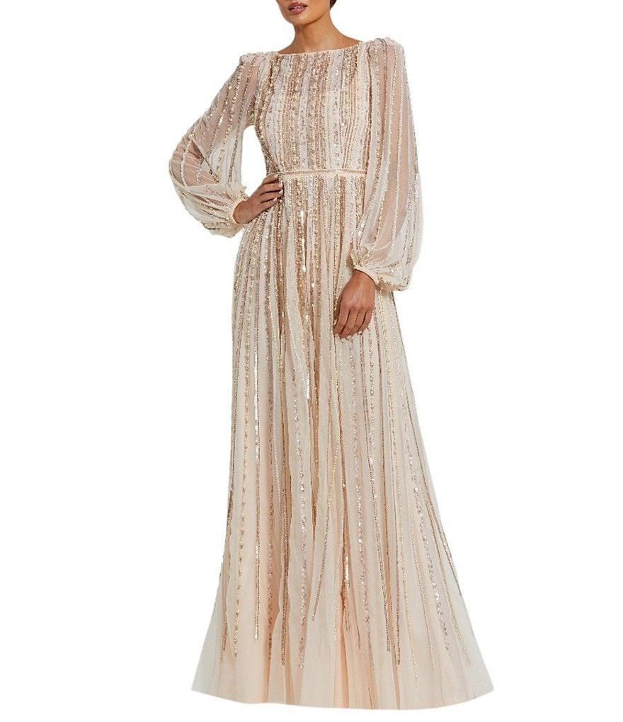 Mac Duggal Embellished Mesh Striped Beaded Boat Neck Long Sleeve Gown Product Image