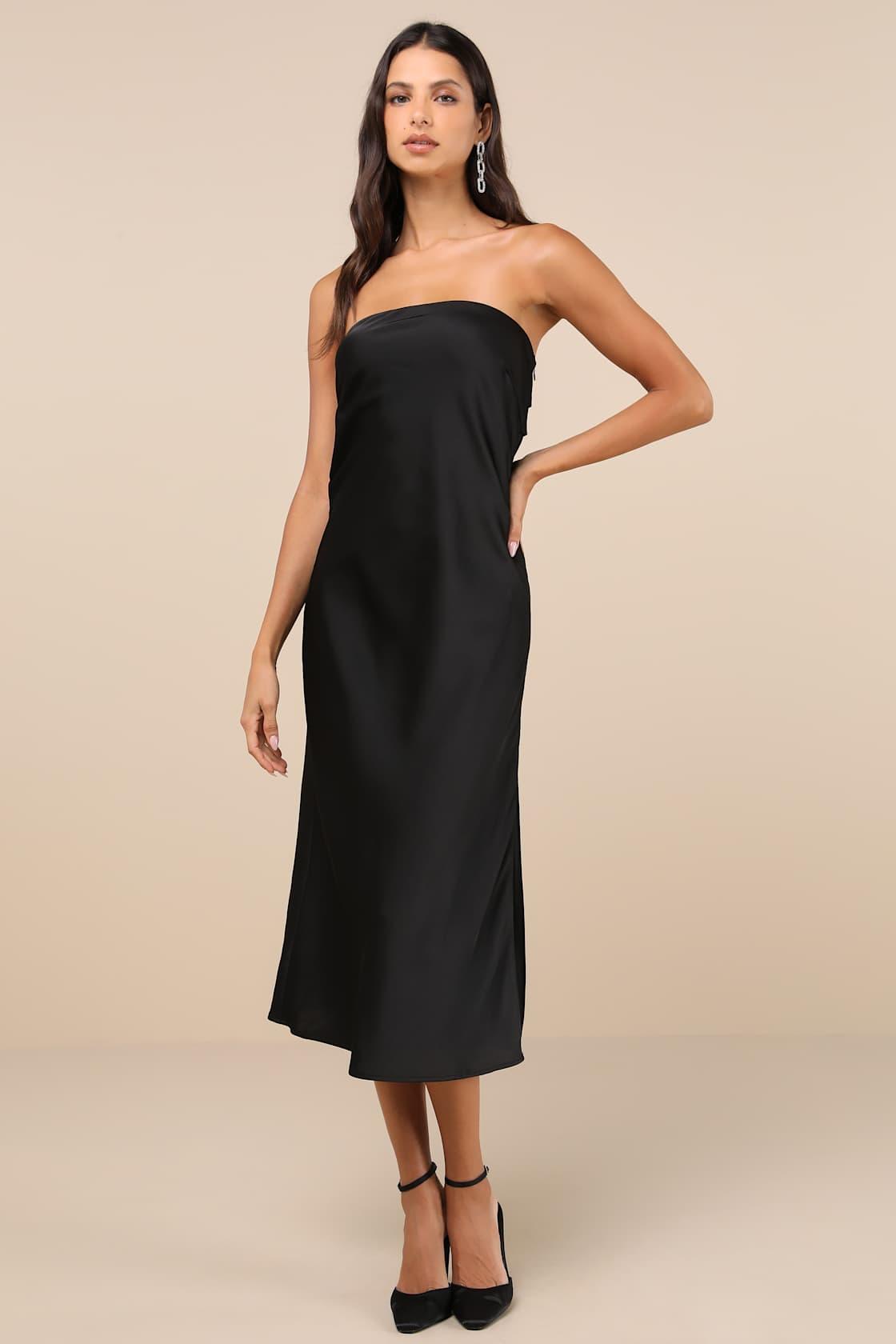 Effortless Bliss Black Satin Strapless Cowl Back Midi Dress Product Image