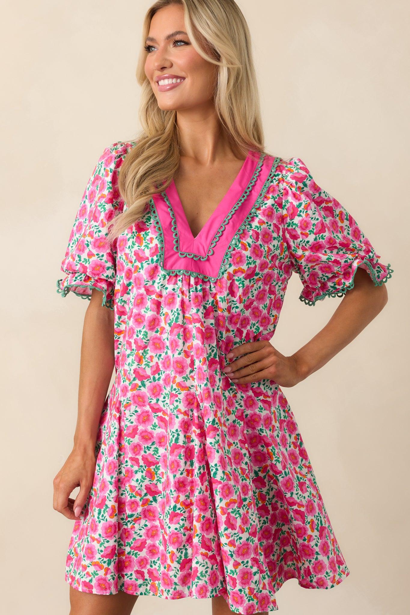 Good Luck Charm Hot Pink Floral Cotton Mini Dress Product Image