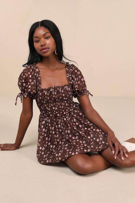 Delightful Crush Brown Floral Smocked Puff Sleeve Mini Dress Product Image