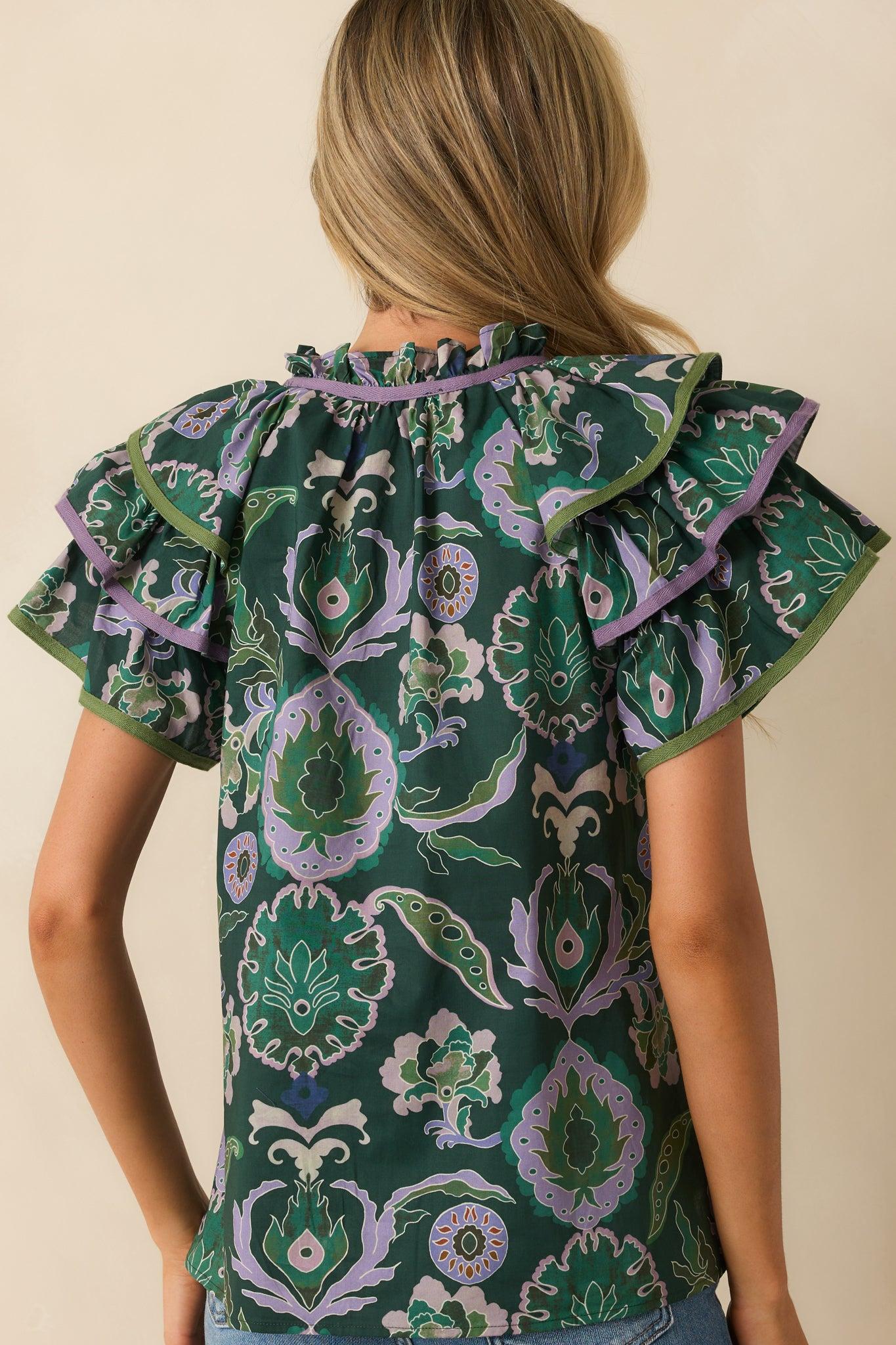 The Rest Is Certain Green Multi Print Cotton Ruffle Sleeve Blouse L / Green Product Image