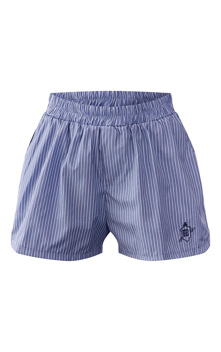 Blue Embroidered Striped Linen Floaty Shorts Product Image