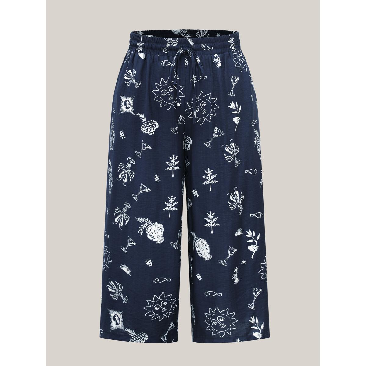 Plus Size Marine Print Flowy Wide-Leg Pants Women Indigo Resort Wide Leg Mid Rise Vacation Pants BloomChic 14-16/1X Product Image