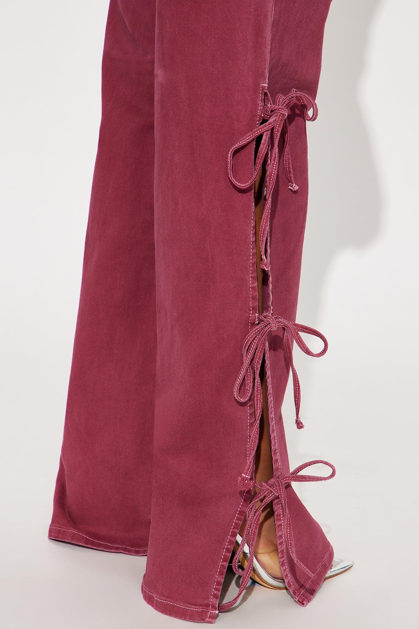 Fine Like Wine Side Tie Wide Leg Jeans - Burgundy Product Image