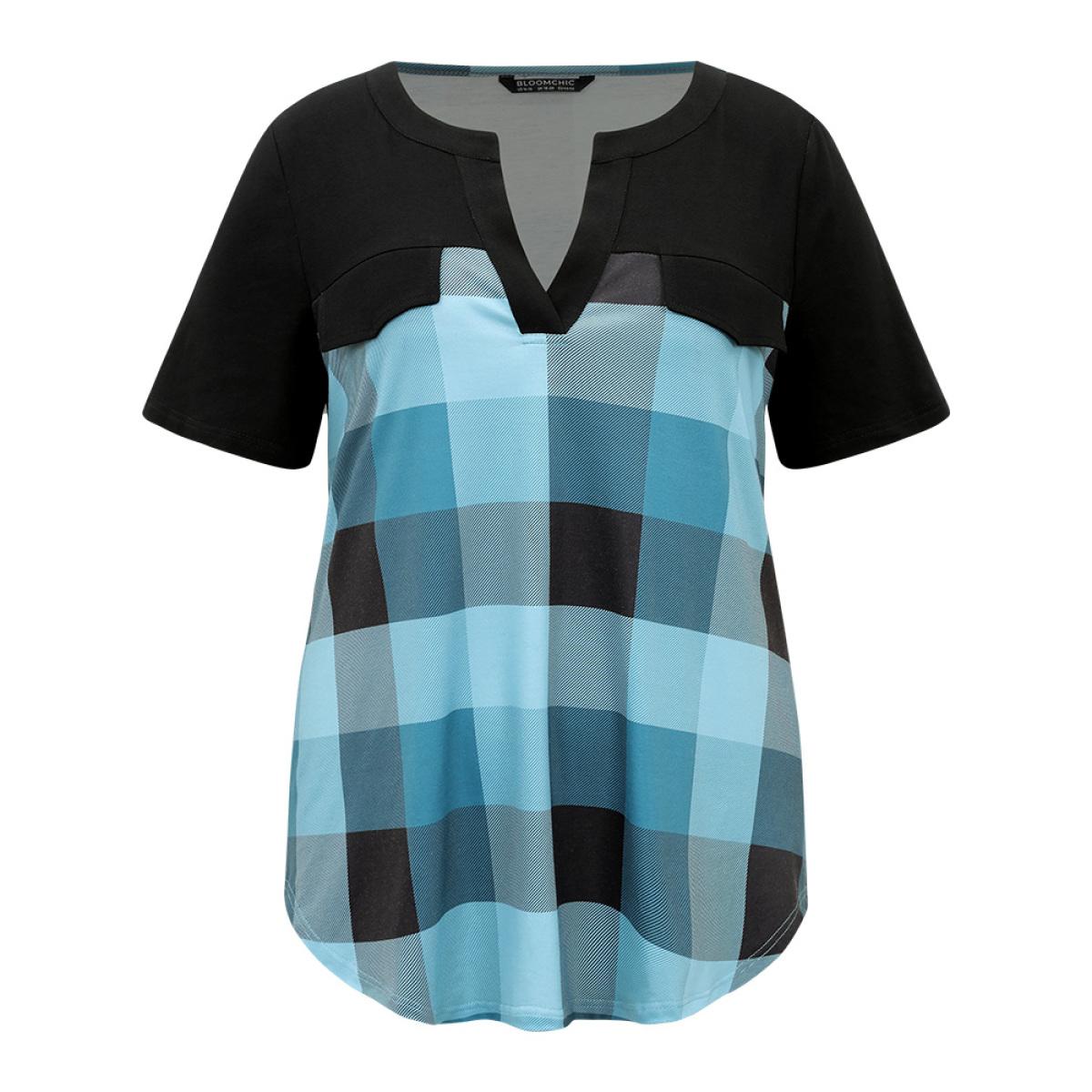 Plus Size Plaid Patchwork Contrast Notched Arc Hem T-shirt Multicolor Women Casual Contrast Plaid Notched collar Everyday T-shirts BloomChic 26/4X Product Image