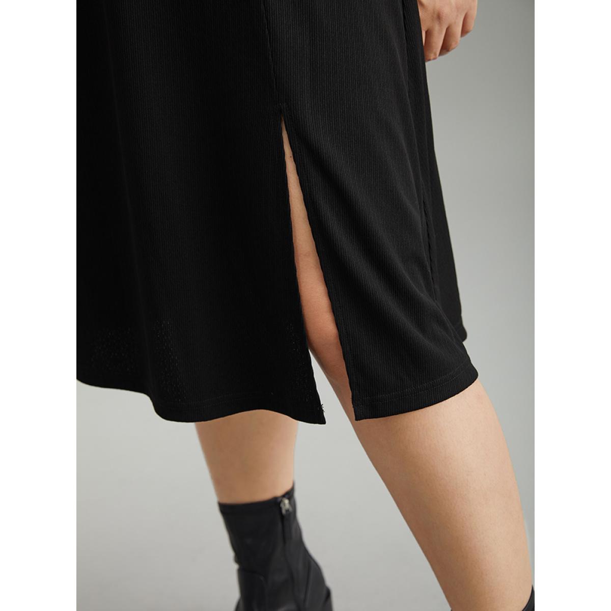 Plus Size Rib Knit Split Side Square Neck Dress Black Women Elegant Plain Square Neck Long Sleeve Curvy Midi Dress BloomChic 30/6X Product Image