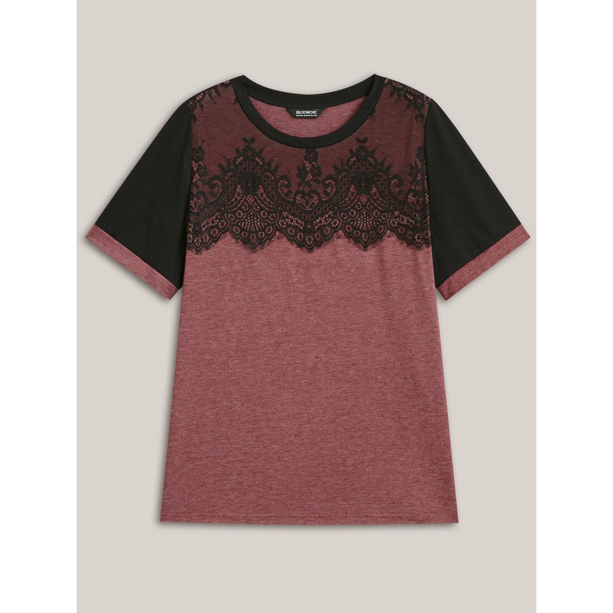 Plus Size Stretchy Scalloped Lace Color Contrast T-Shirt Russet Women Timeless Contrast Round Neck Elegant T-shirts BloomChic 10/M Product Image