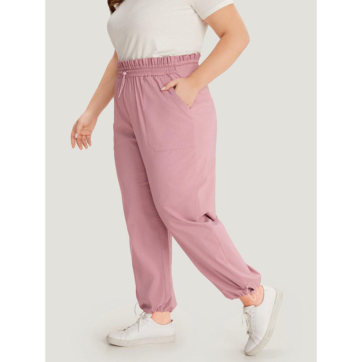 Plus Size Plain Paperbag Waist Drawstring Hem Slant Pocket Pants Women Rouge Casual High Rise Dailywear Pants BloomChic 30/6X Product Image