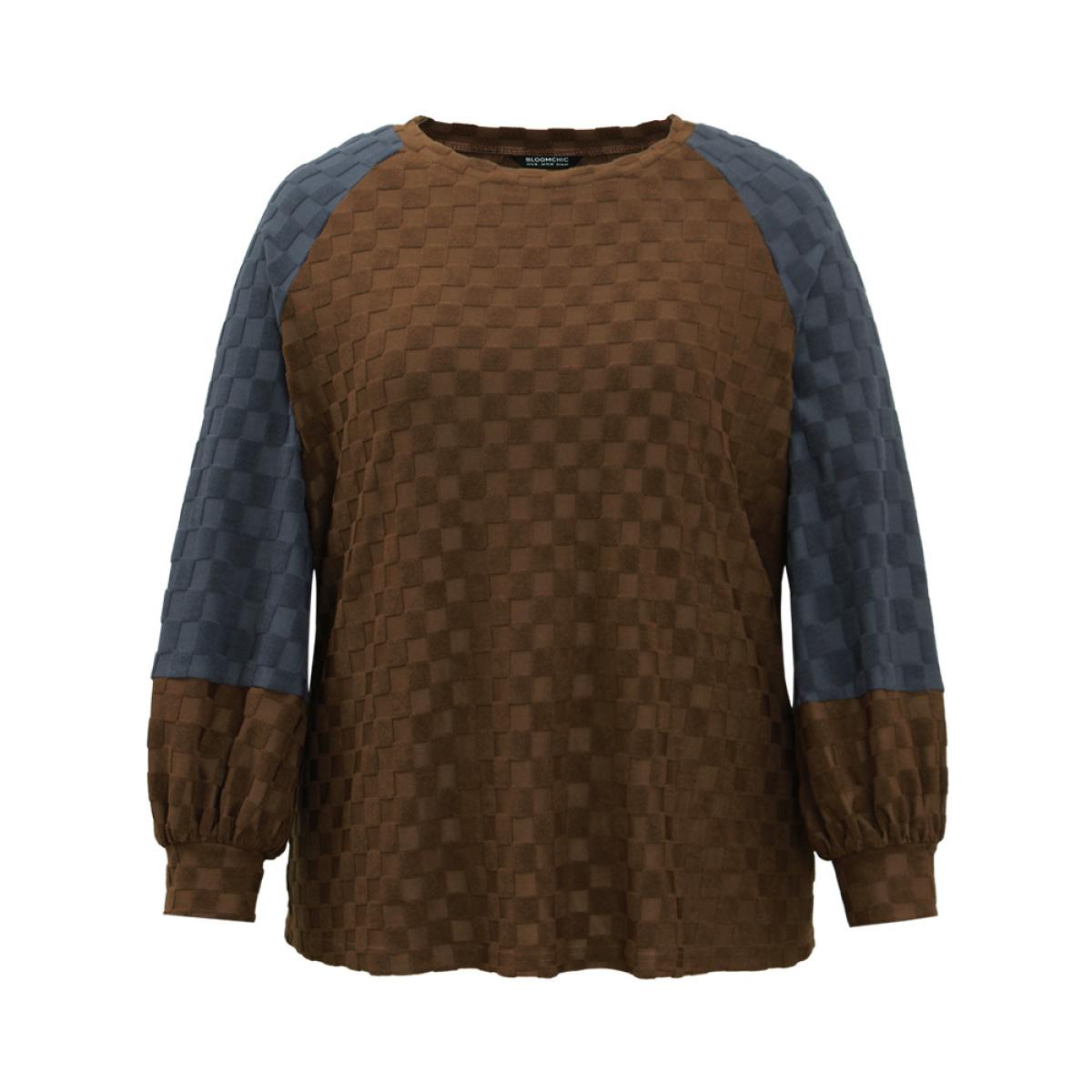 Plus Size Check Two Tone Raglan Sleeve Sweatshirt Women DarkBrown Casual Texture Round Neck Dailywear Sweatshirts BloomChic 22-24/3X Product Image