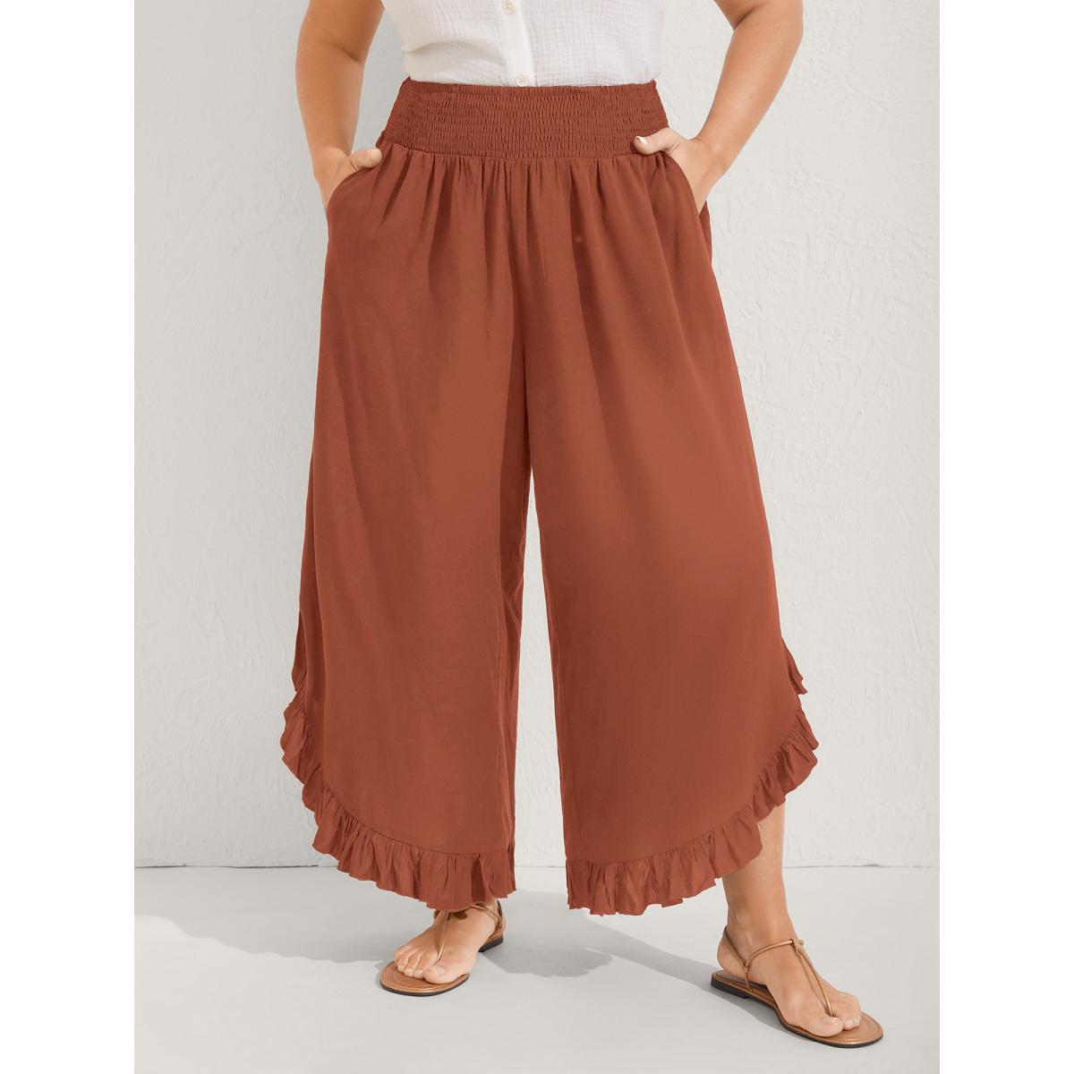 Plus Size Ruffled Curvy Hem Wide-Leg Pants Women Plum Boho Wide Leg Mid Rise Vacation Pants BloomChic 10/M Product Image