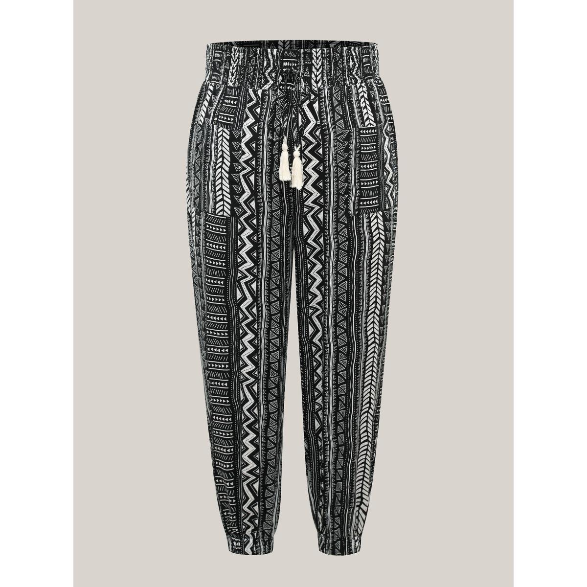 Plus Size Boho Stripes Tassels Jogger Pants Women Black Resort Mid Rise Vacation Pants BloomChic 26/4X Product Image