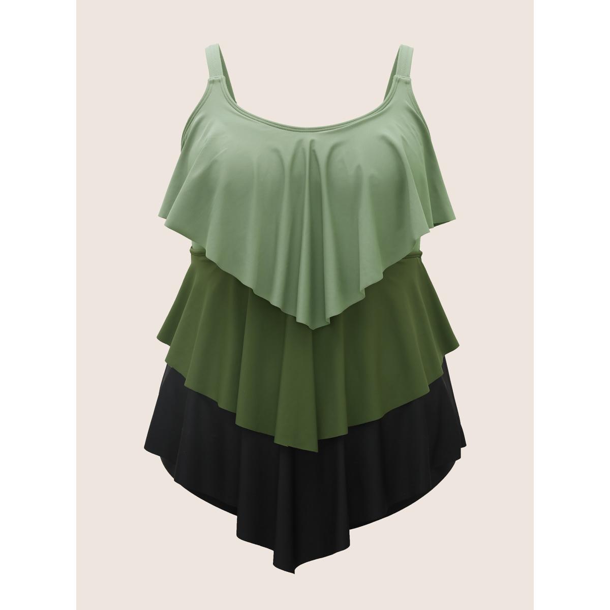 Plus Size U Neck Contrast Tiered Ruffles One Piece Swimsuit Women's Swimwear ArmyGreen Beach Tiered Curve Bathing Suits High stretch One Pieces BloomChic 14-16/1X Product Image