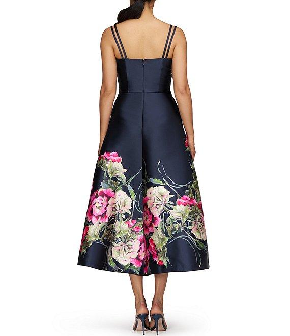 Kay Unger Margot Square Neck Double Strap Floral Placement Print Fit & Flare Mikado Midi Dress Product Image