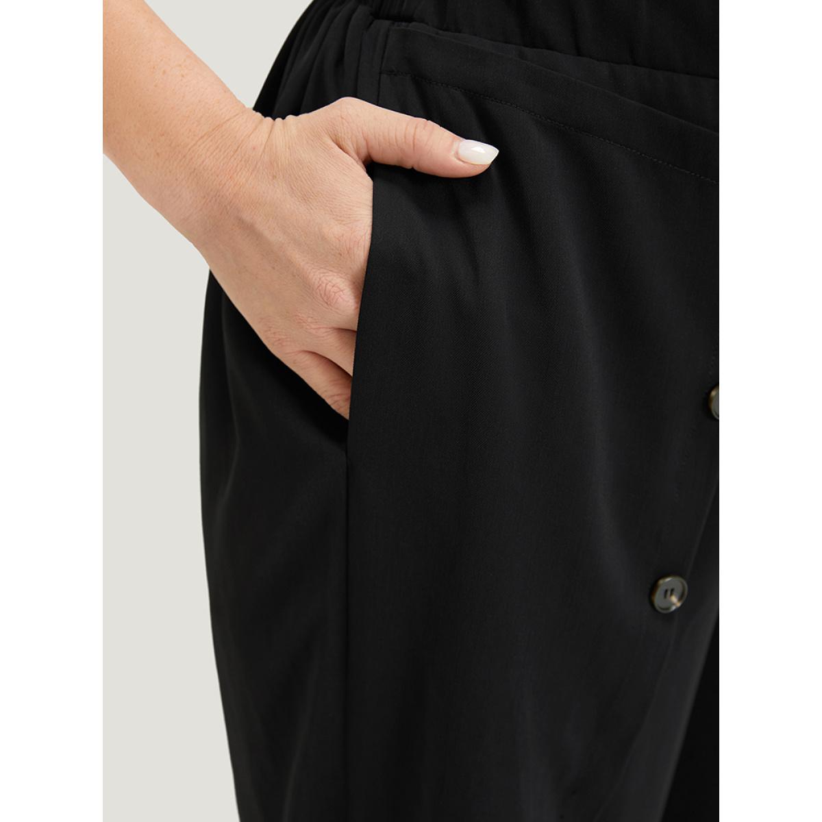 Plus Size Solid Button Detail Pocket Wrap Hem Pants Women Black Elegant Straight Leg High Rise Dailywear Pants BloomChic 26/4X Product Image