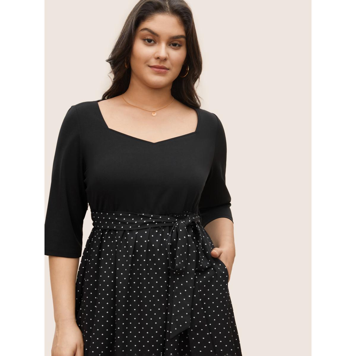 Plus Size Polka Dot Patchwork Belted Square Neck Dress Black Women At the Office Non Square Neck Elbow-length sleeve Curvy Midi Dress BloomChic 14-16/1X Product Image