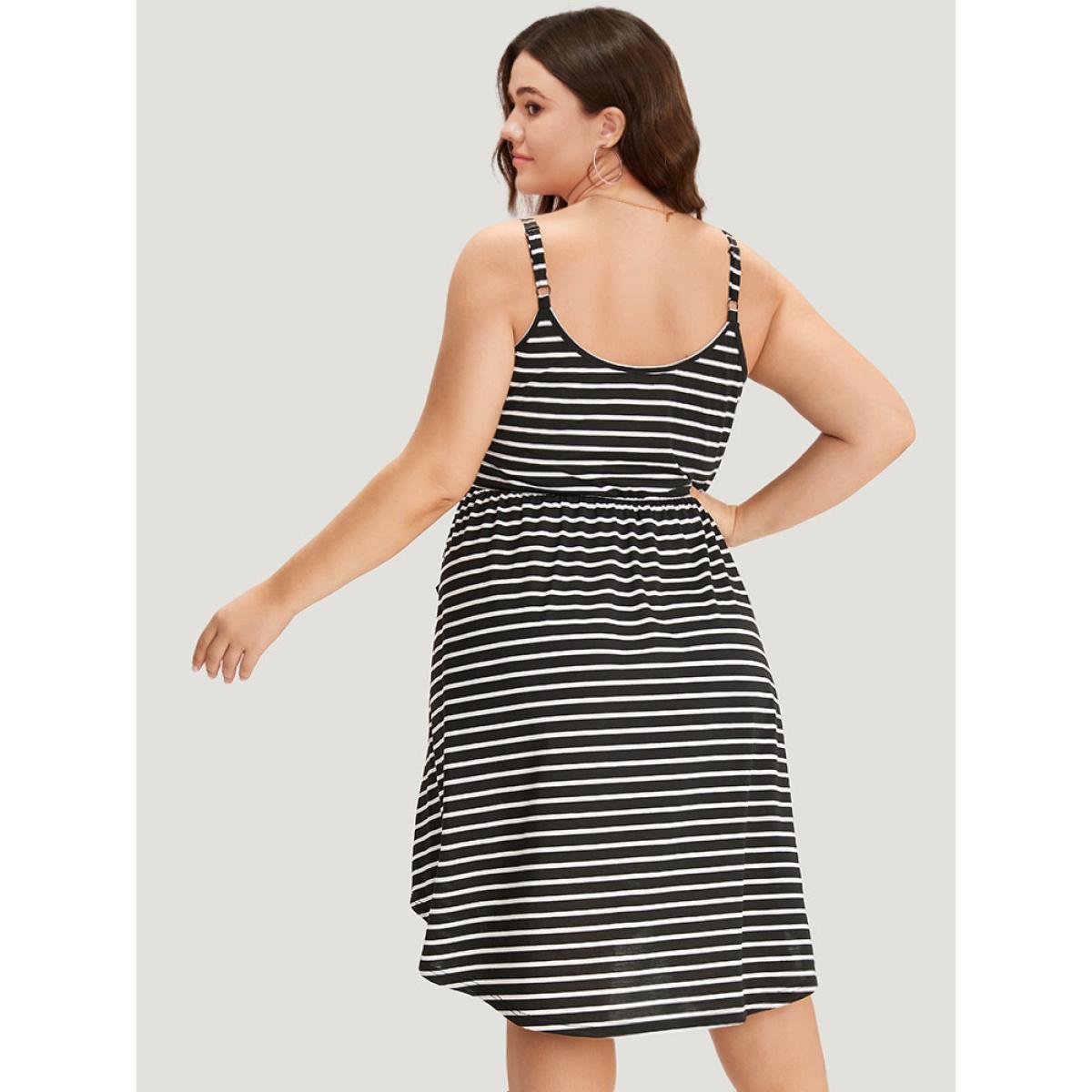 Plus Size Striped Button Detail Pocket Curved Hem Cami Dress Black Women Elegant Gathered Spaghetti Strap Sleeveless Curvy Midi Dress BloomChic 22-24/3X Product Image