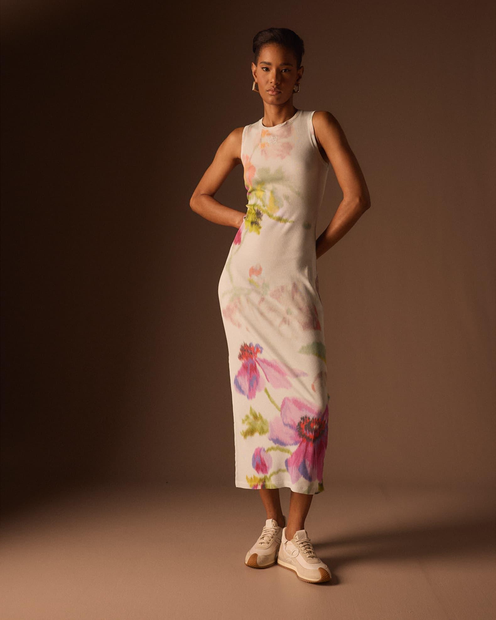 Floral Print Mesh Sleeveless Ankle Dress Product Image