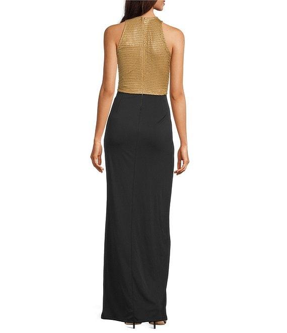 Lauren Ralph Lauren Korlisa Beaded Mesh Crew Neck Sleeveless Wrap Column Gown Product Image