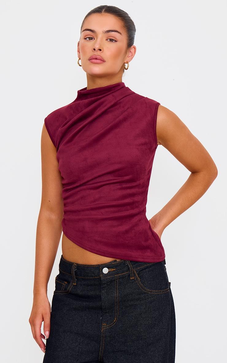 Burgundy Faux Suede High Neck Asymmetric Hem Long Top Product Image