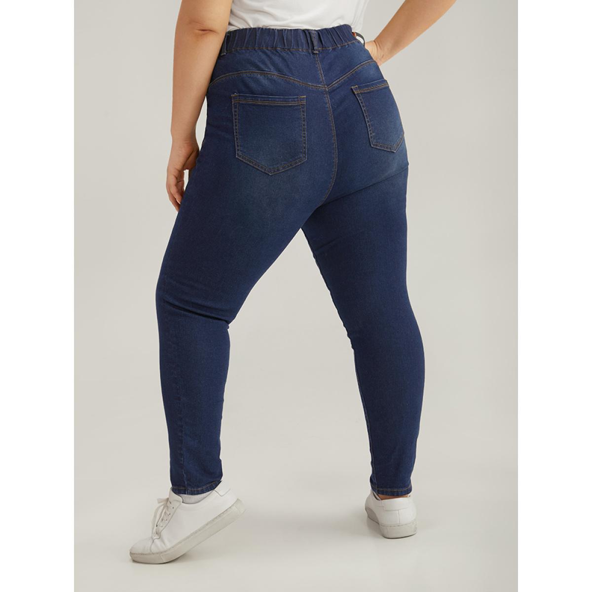 Plus Size Elastic Waist High Rise Skinny Jeans Women DarkBlue Casual Plain Non High stretch Slanted pocket Jeans BloomChic 28/5X Product Image