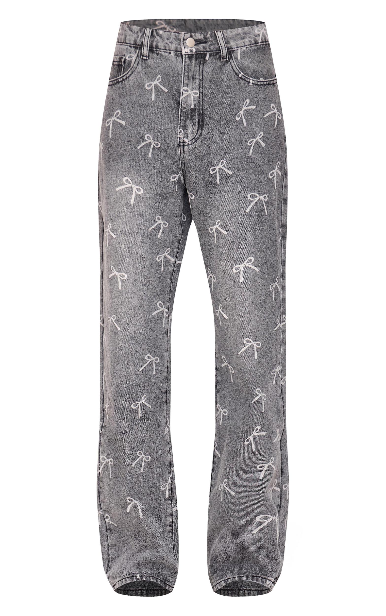 Washed Grey Bow Laser Print Straight Leg Jeans Product Image