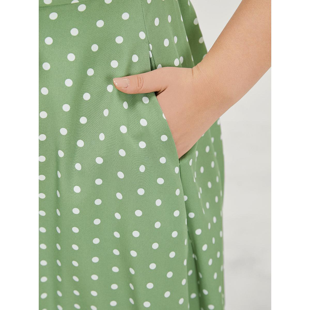 Plus Size Polka Dot Pocket Button Detail Twist Front Knee Dress Green Women Elegant Knotted V-neck Cap Sleeve Curvy Knee Dress BloomChic 14-16/1X Product Image